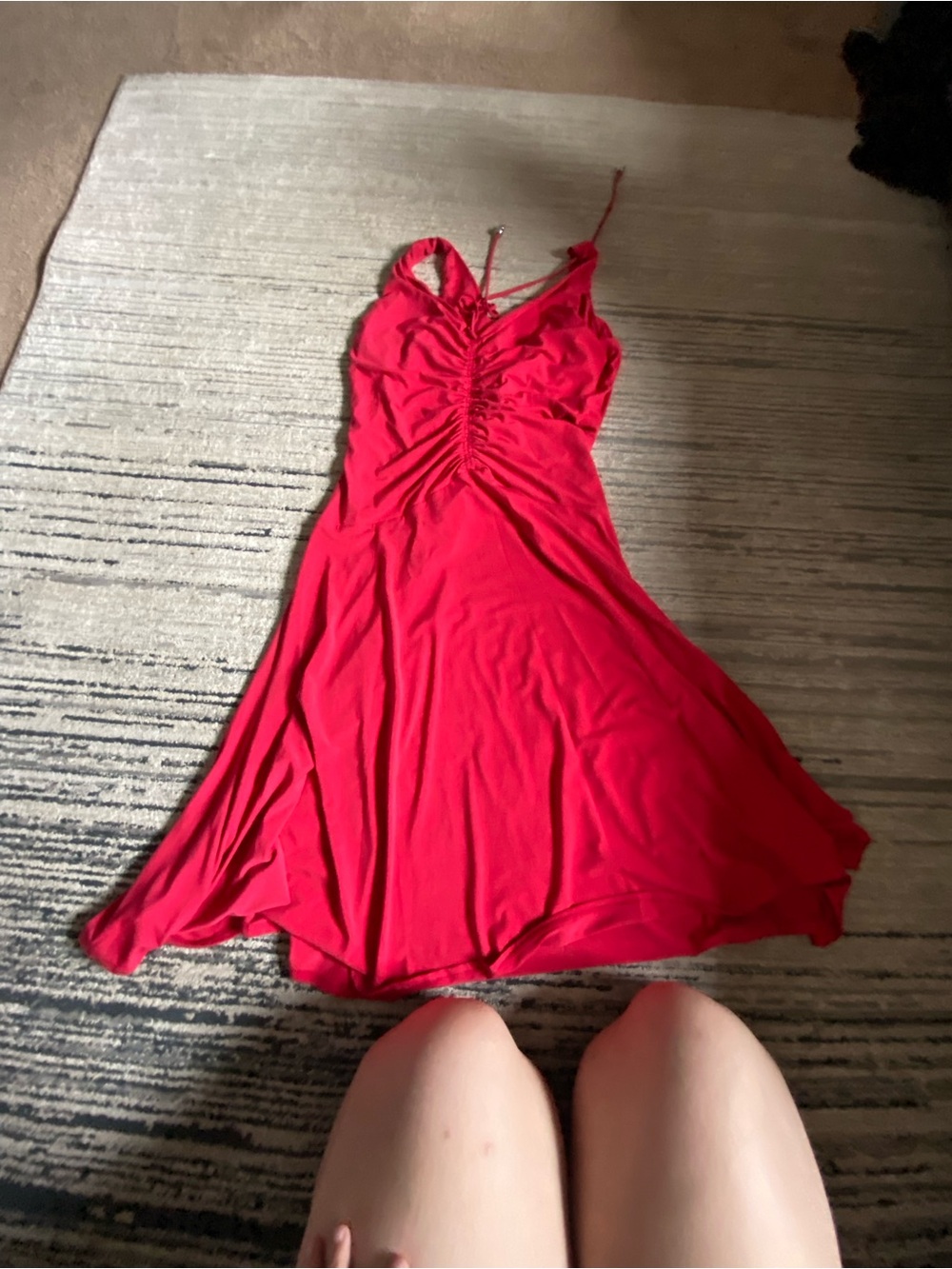 Women's Red Ruched Spaghetti-Strap Dress